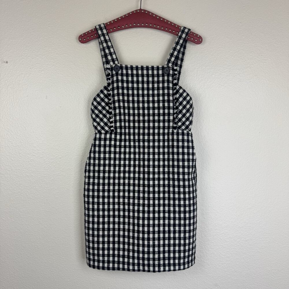 Francesca’s Gingham Plaid Preppy Pinafore Jumper Mini Dress Black White XS